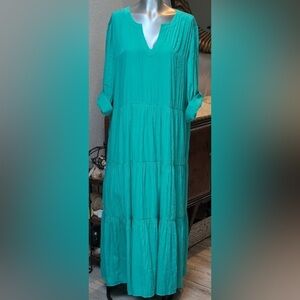 Chico's Green Tiered V-Neck Roll Sleeve Maxi Dress